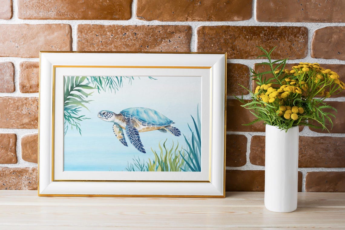 Sea Turtle Watercolor Blue Tropical Ocean Water Scene Poster