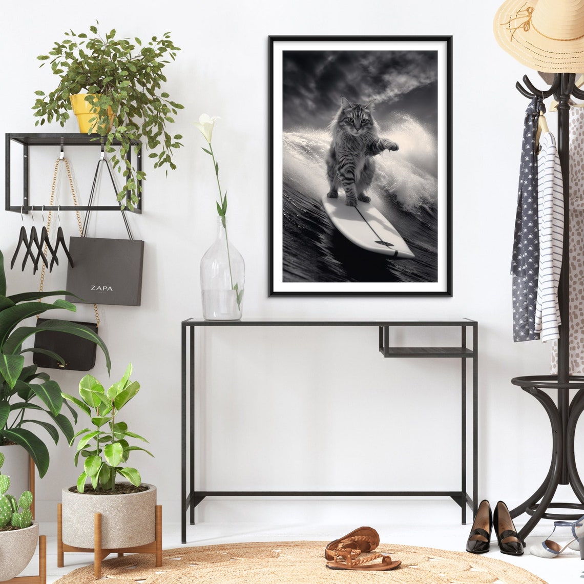 Long Haired Tabby Cat Riding a Surfboard on a Big Wave Photo Poster - Image 2