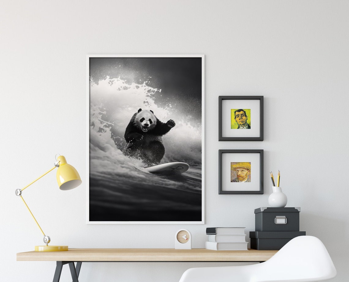 Surfing Panda Riding Ocean Wave Black White Photography Poster - Image 4