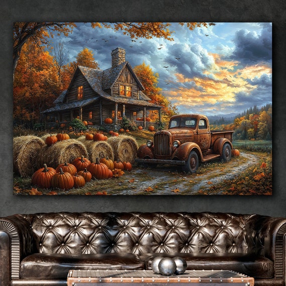 Rural Landscape Canvas Wall Art Halloween Decor Cozy Cabin And Rusty Truck Painting Print Autumn Harvest Pumpkin Poster Gift Ready To Hang