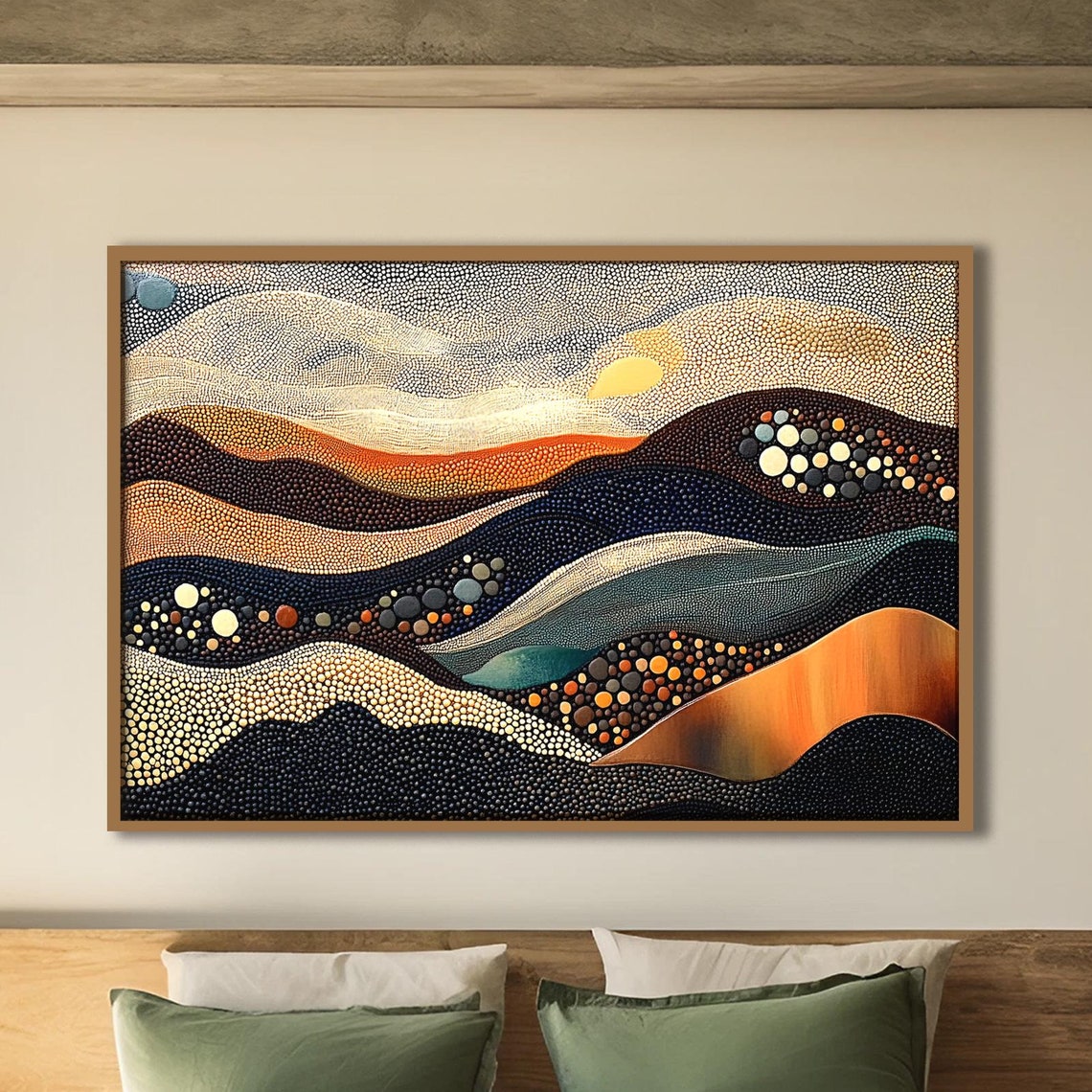 Aboriginal Dot Art Sunset Desert Hills Orange Black Landscape Poster