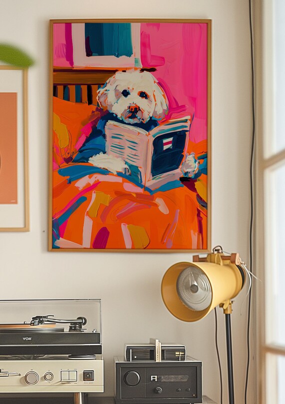 Fluffy White Dog Cozy in Bed Reading a Good Book Fun Art Poster