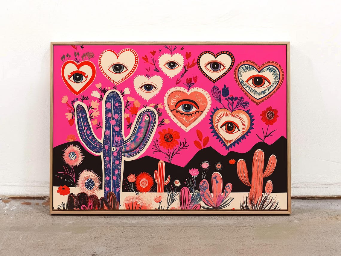 Maximalist Pink Desert with Cactus and Eye Hearts Folk Art Poster