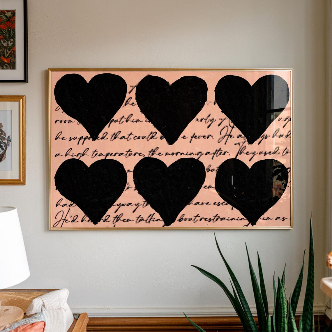 Six Black Hearts Over Handwritten Love Letter Romantic Wall Art