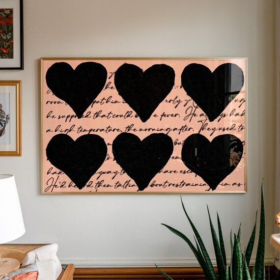 Six Black Hearts Over Handwritten Love Letter Romantic Wall Art