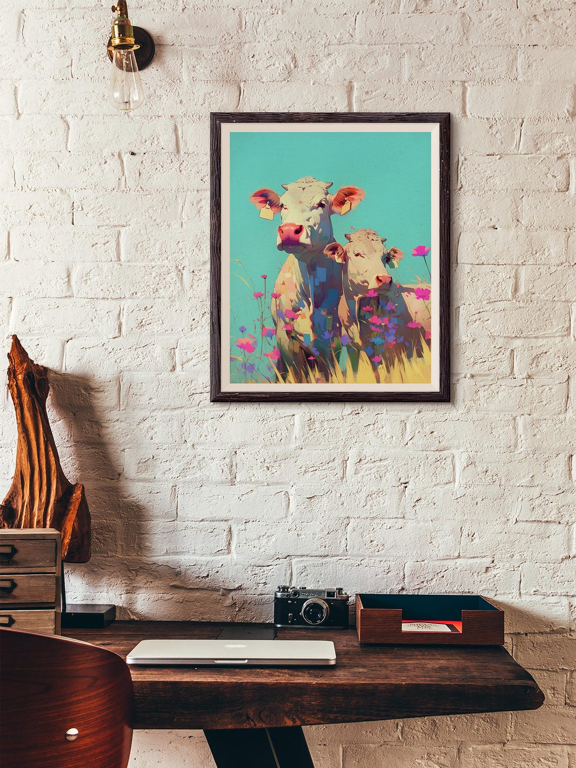 Two White Cows Among Pink Wildflowers on a Turquoise Sky Poster - Image 3