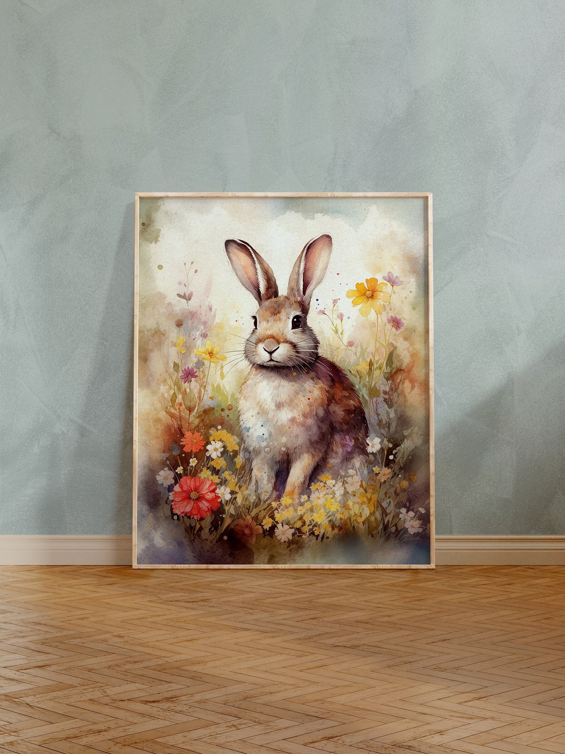 Watercolor Bunny Rabbit Among Wildflowers Pastel Animal Art Poster - Image 3
