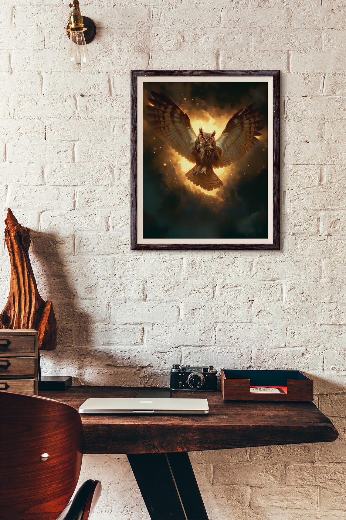 Majestic Great Horned Owl Soaring Through a Fiery Night Sky Poster - Image 3
