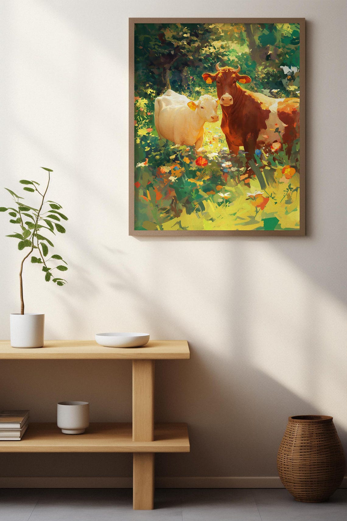 Happy Brown Cow and White Calf Among Summer Wildflowers Poster - Image 2