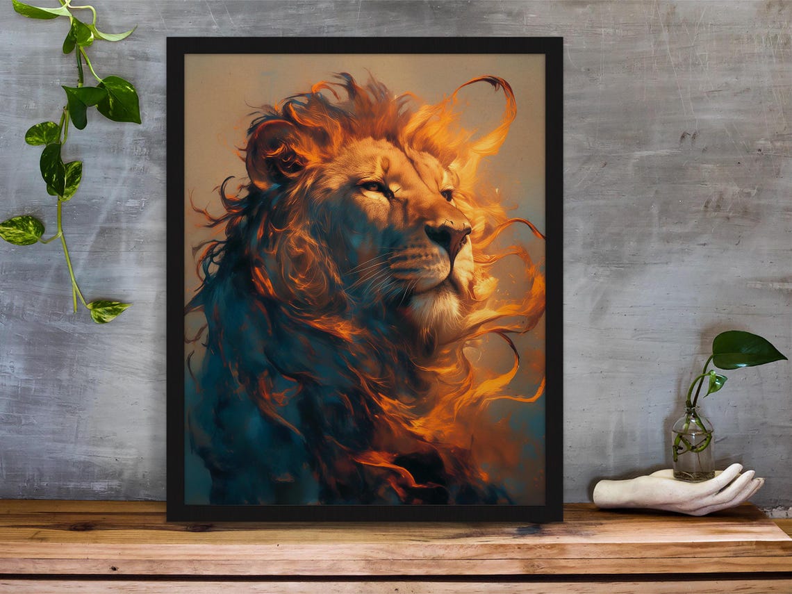 Majestic Lion with a Flowing Fiery Mane in Teal and Orange Poster - Image 5