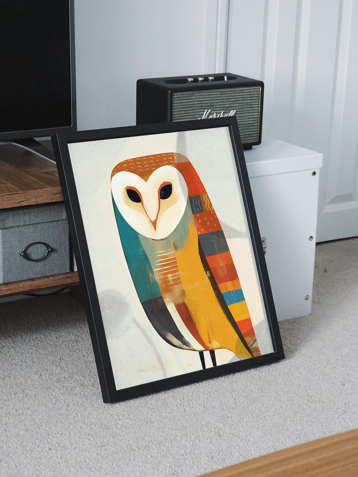 Mid-Century Geometric Barn Owl in Teal and Mustard Tones Poster - Image 8