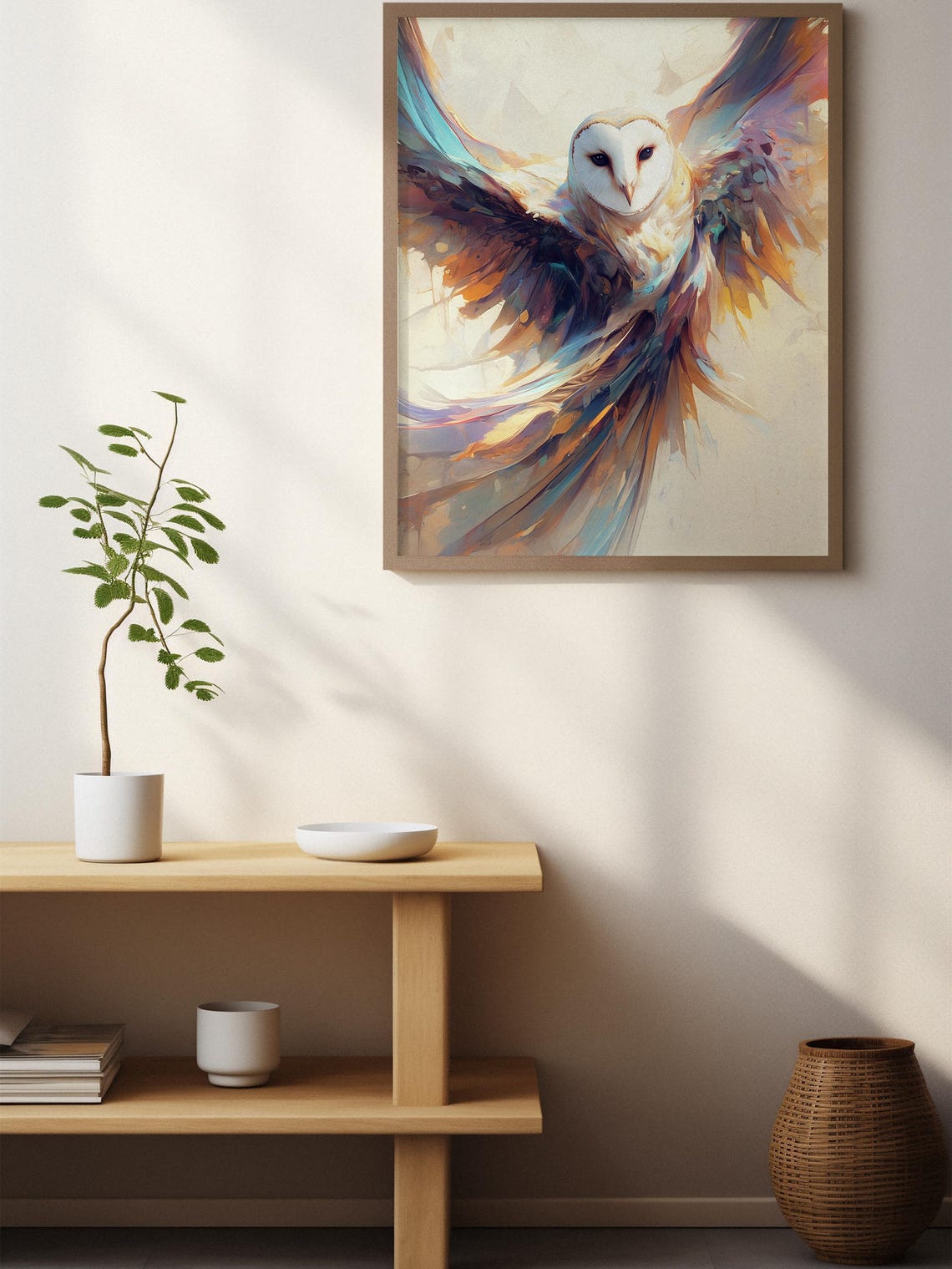 Soaring Barn Owl in Flight with Sweeping Abstract Wings Poster - Image 3