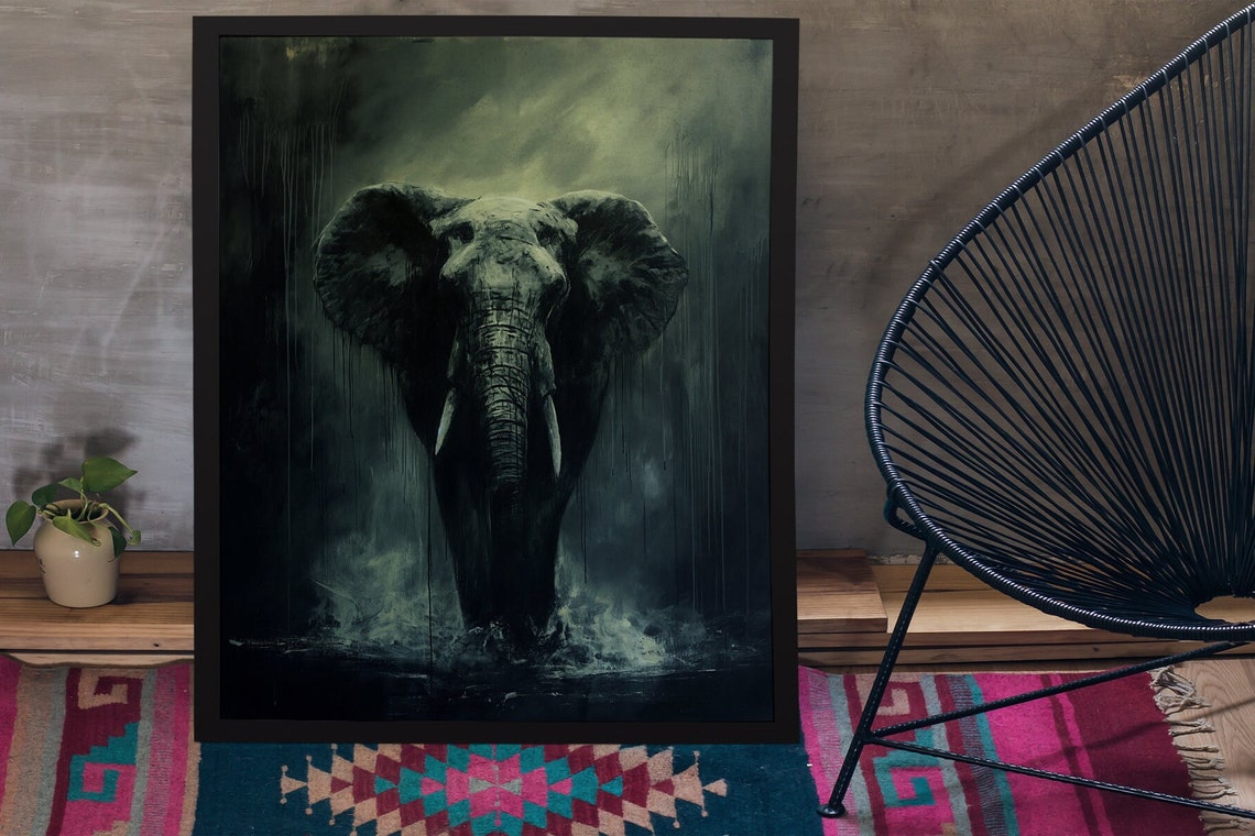 Elephant Emerging in the Rain Moody Monochrome Wildlife Art Poster - Image 2