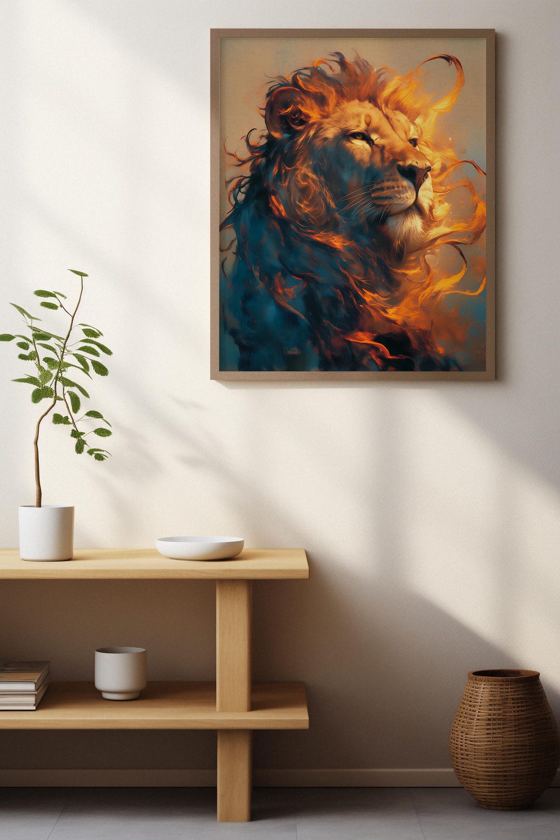 Majestic Lion with a Flowing Fiery Mane in Teal and Orange Poster - Image 3