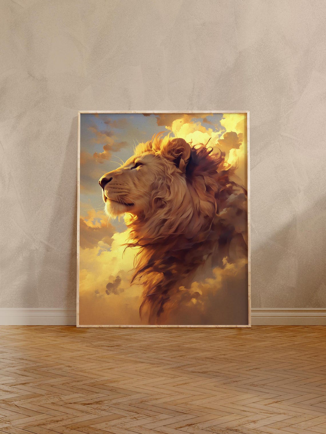 Lion in Profile Against Golden Sunset Clouds Painted Wildlife Poster - Image 2