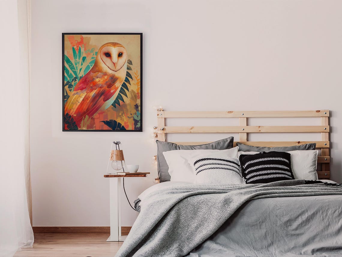 Stylized Barn Owl in Warm Sunset Tones with Tropical Leaves Poster - Image 7