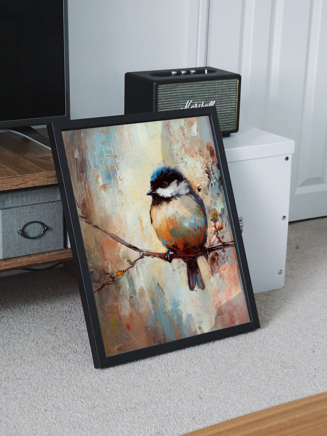 Chickadee on Branch Impressionist Oil Painting Bird Art Poster - Image 5