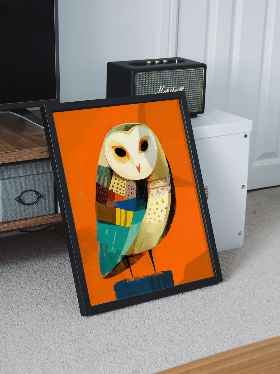 Geometric Patchwork Barn Owl on a Bold Orange Background Art Poster - Image 8