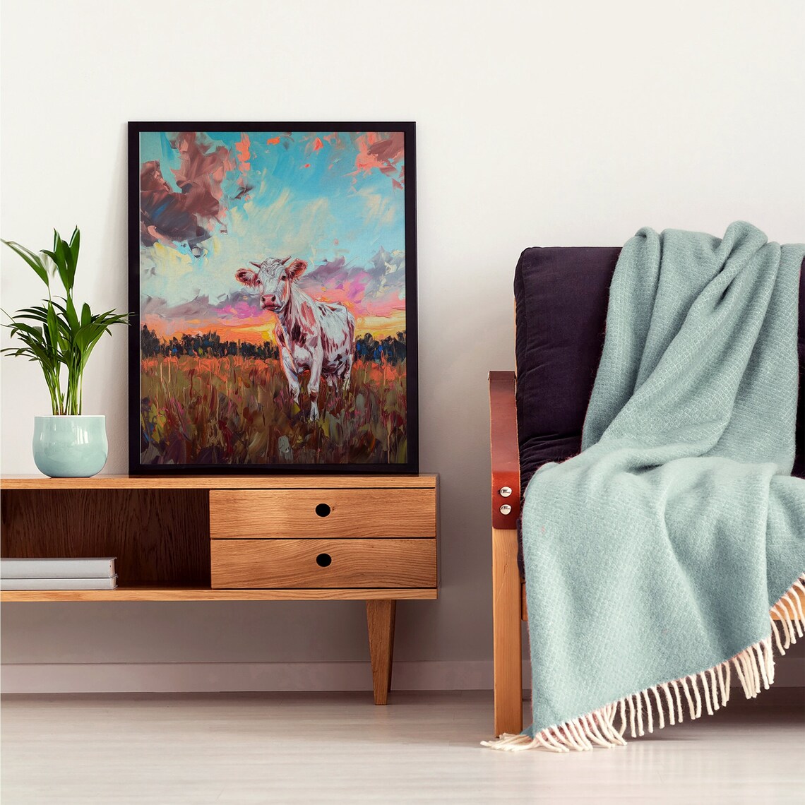 White Cow in Field at Sunset Impasto Oil Painting Farm Poster - Image 3