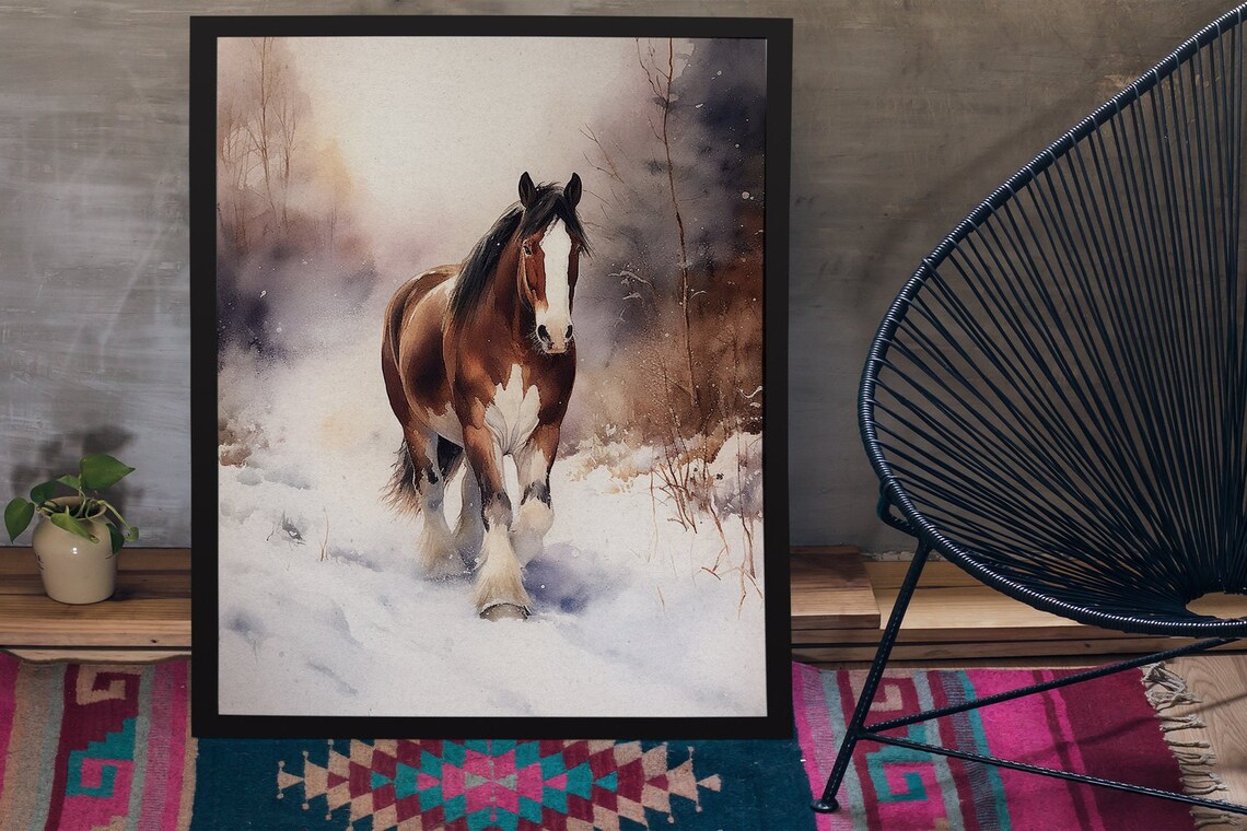 Clydesdale Horse in Snow Watercolor Winter Farm Animal Poster - Image 6