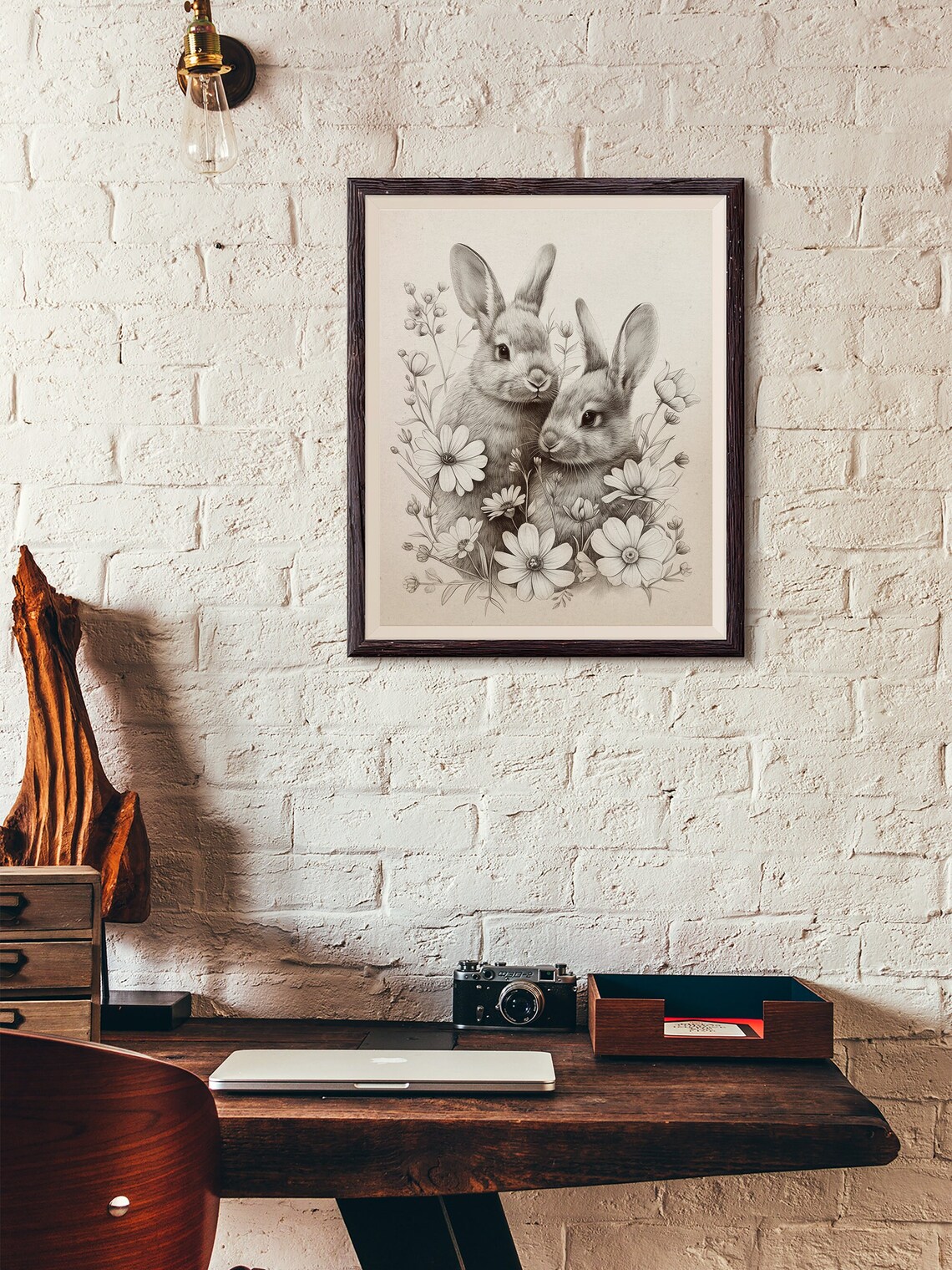 Two Rabbits Among Flowers Graphite Pencil Sketch Animal Poster - Image 2