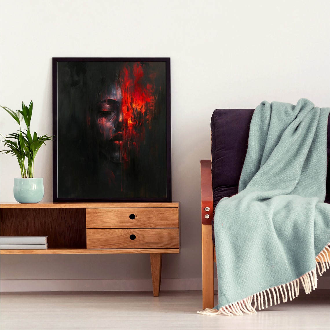 Half Face in Darkness With Fiery Red Abstract Oil Art Poster - Image 7