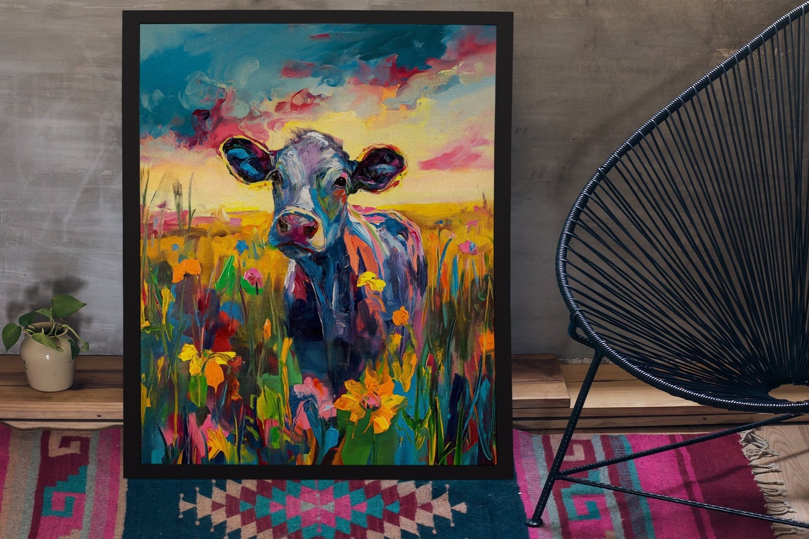 Colorful Cow in Flower Field Sunset Cheerful Farm Art Poster - Image 2