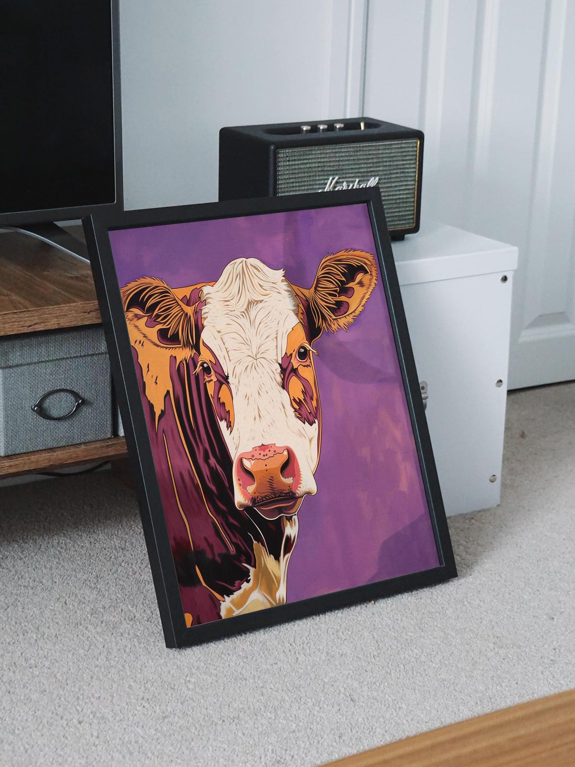 Pop Art Cow Portrait with Bold Orange on Purple Background Poster - Image 8