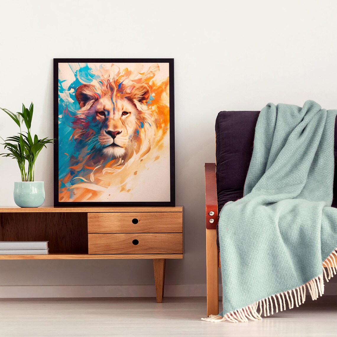 Colorful Lion Portrait With Turquoise and Orange Abstract Brushstrokes Poster - Image 4