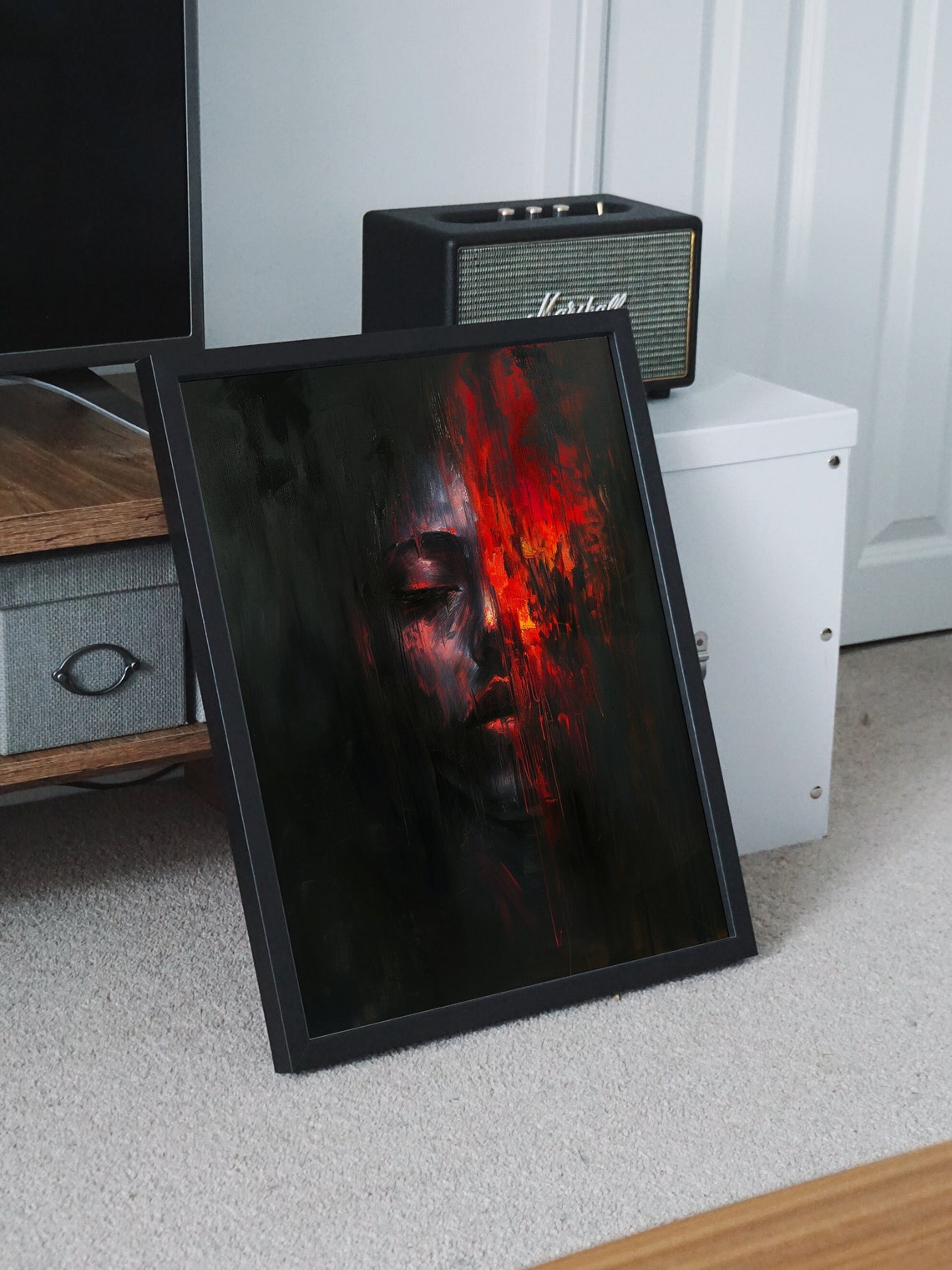 Half Face in Darkness With Fiery Red Abstract Oil Art Poster - Image 8