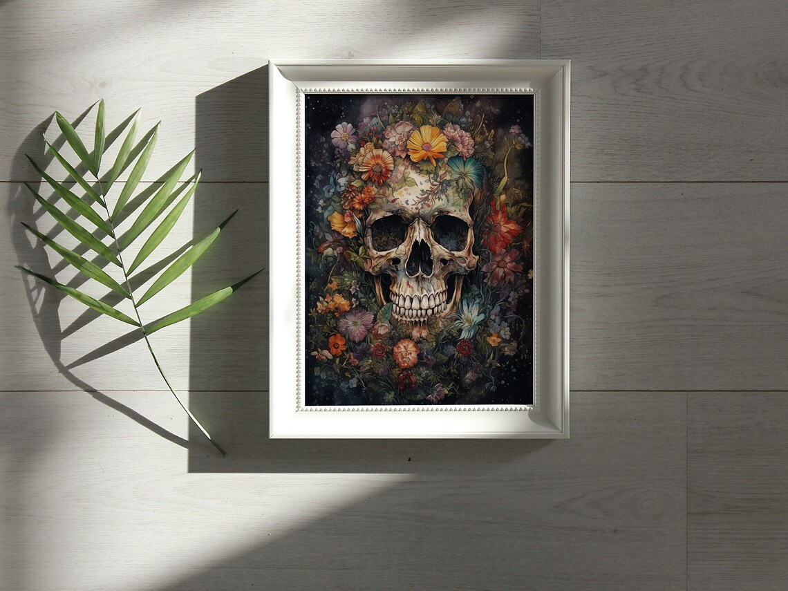Floral Human Skull Colorful Surreal Day of the Dead Art Poster - Image 6