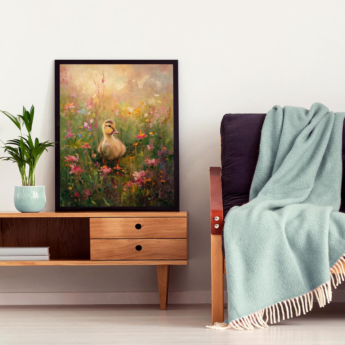 Sweet Fluffy Duckling in a Garden of Tall Pink Wildflowers Poster - Image 5