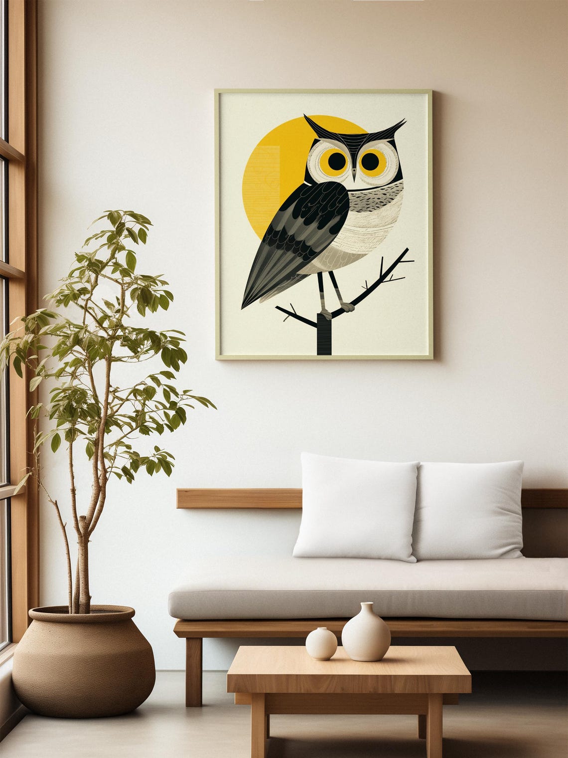 Retro Geometric Owl Perched on a Branch Under a Golden Sun Poster - Image 2