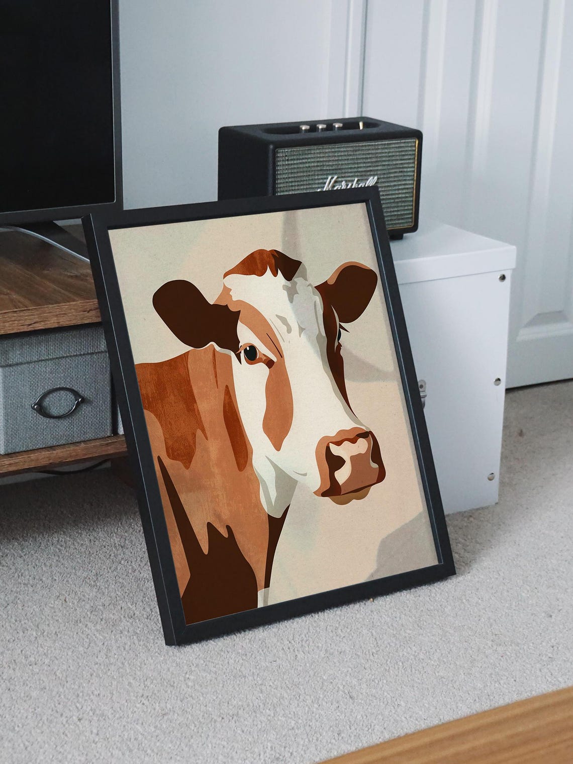 Geometric Mid Century Modern Cow Head in Warm Brown Tones Wall Art - Image 8