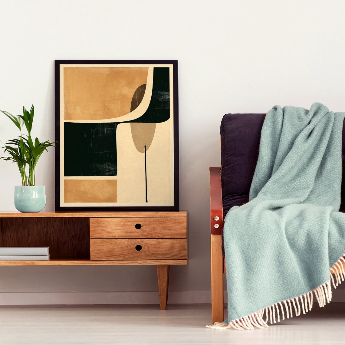 Minimalist Tan and Deep Teal Abstract Mid Century Art Poster - Image 5