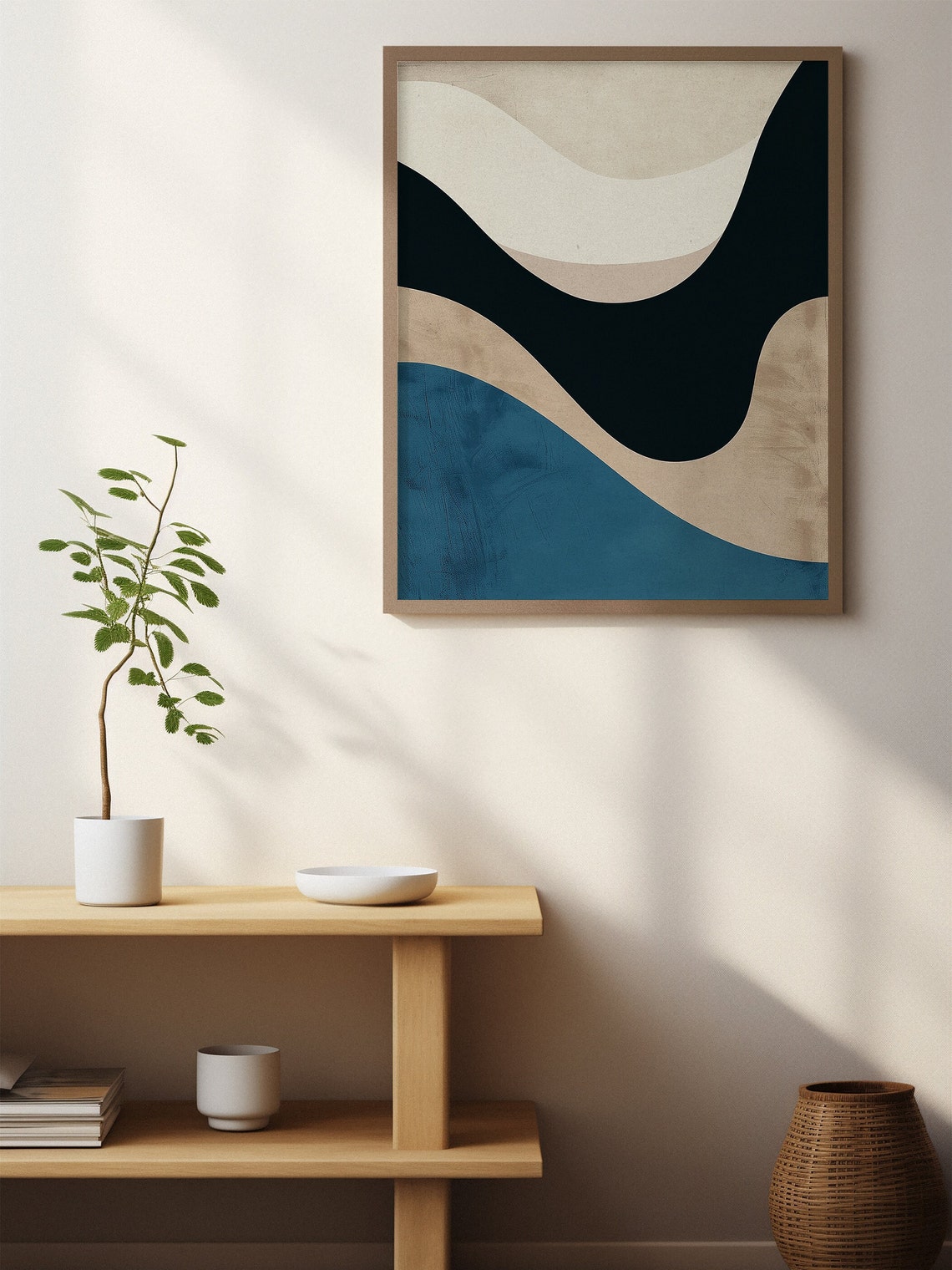 Cream Navy Teal Wavy Bands Minimalist Abstract Art Style Poster - Image 3