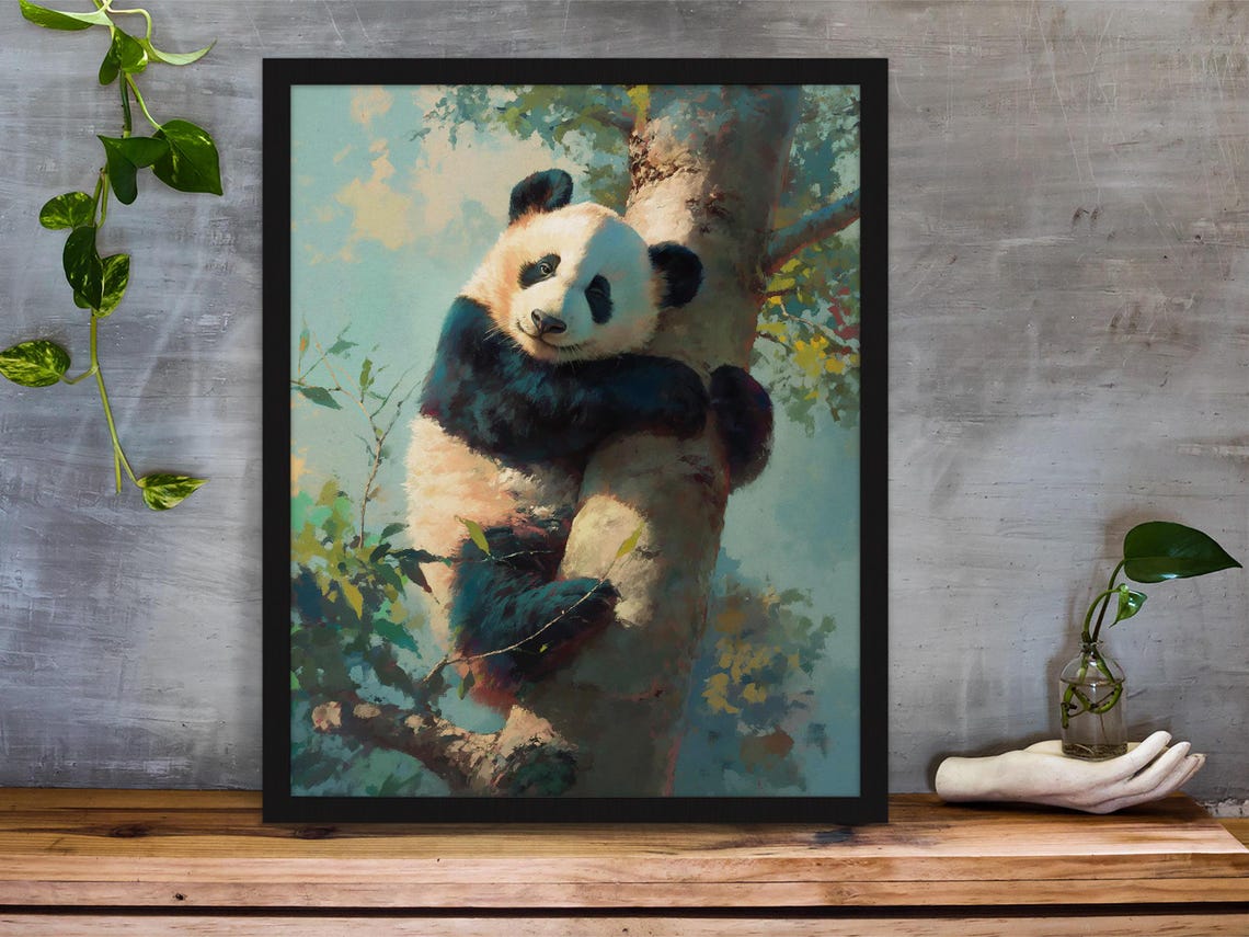 Adorable Panda Cub Hugging a Tree Trunk in Dreamy Soft Colors Poster - Image 3