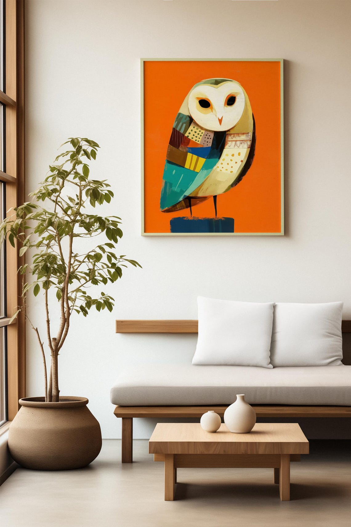 Geometric Patchwork Barn Owl on a Bold Orange Background Art Poster - Image 2
