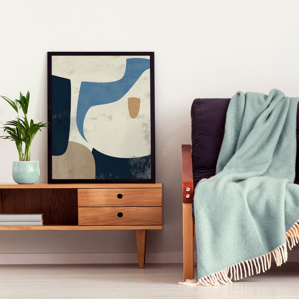 Blue Cream and Navy Organic Shapes Mid Century Modern Art Poster - Image 3
