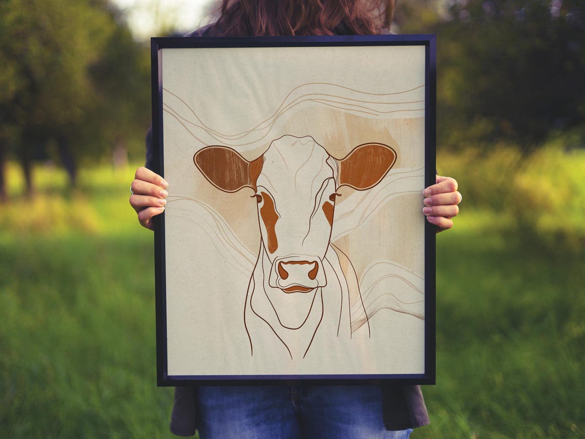 Terracotta Line Drawing of a Cow on a Warm Beige Canvas Poster - Image 2