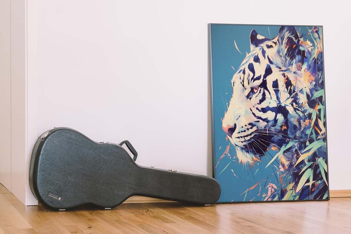 White Tiger Profile in Fragmented Abstract Style With Teal Leaves Poster - Image 4