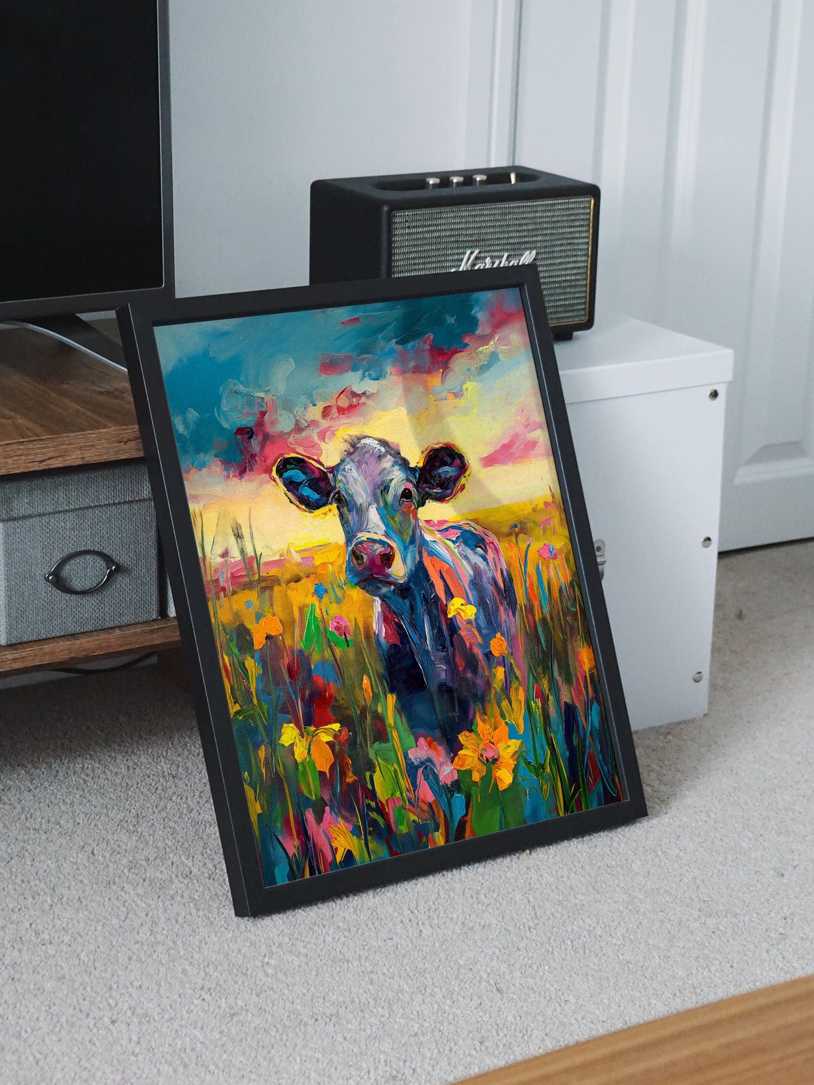 Colorful Cow in Flower Field Sunset Cheerful Farm Art Poster - Image 7