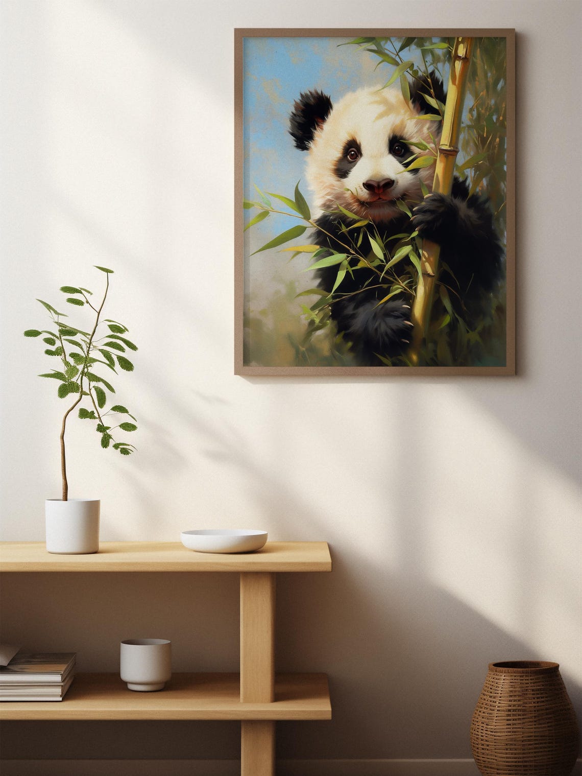 Sweet Baby Panda Hugging a Bamboo Stalk in Soft Pastel Tones Poster - Image 2
