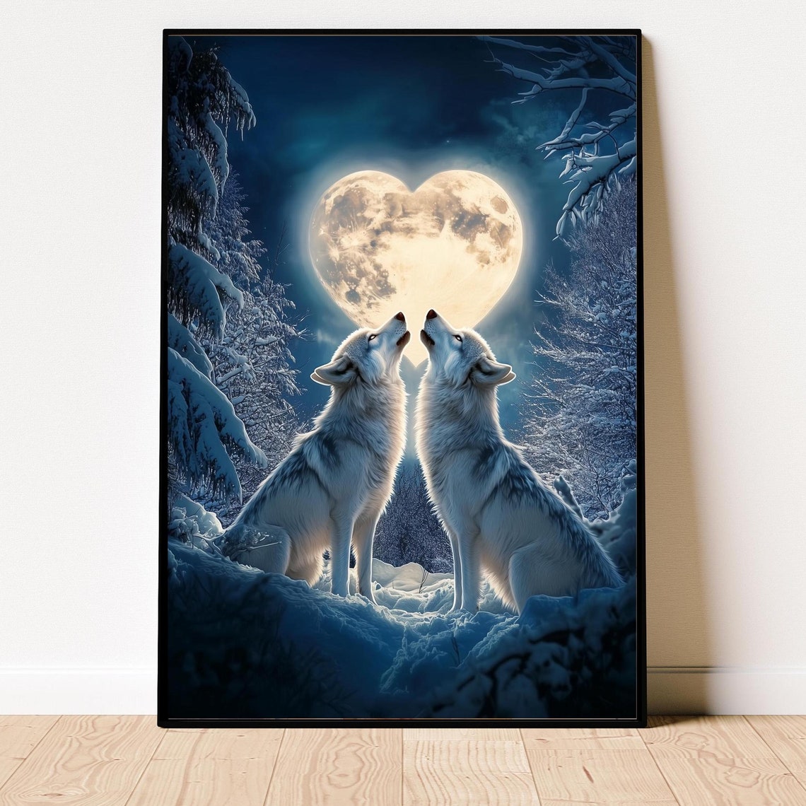 Romantic White Wolves Howling At Heart Shaped Winter Moon Poster