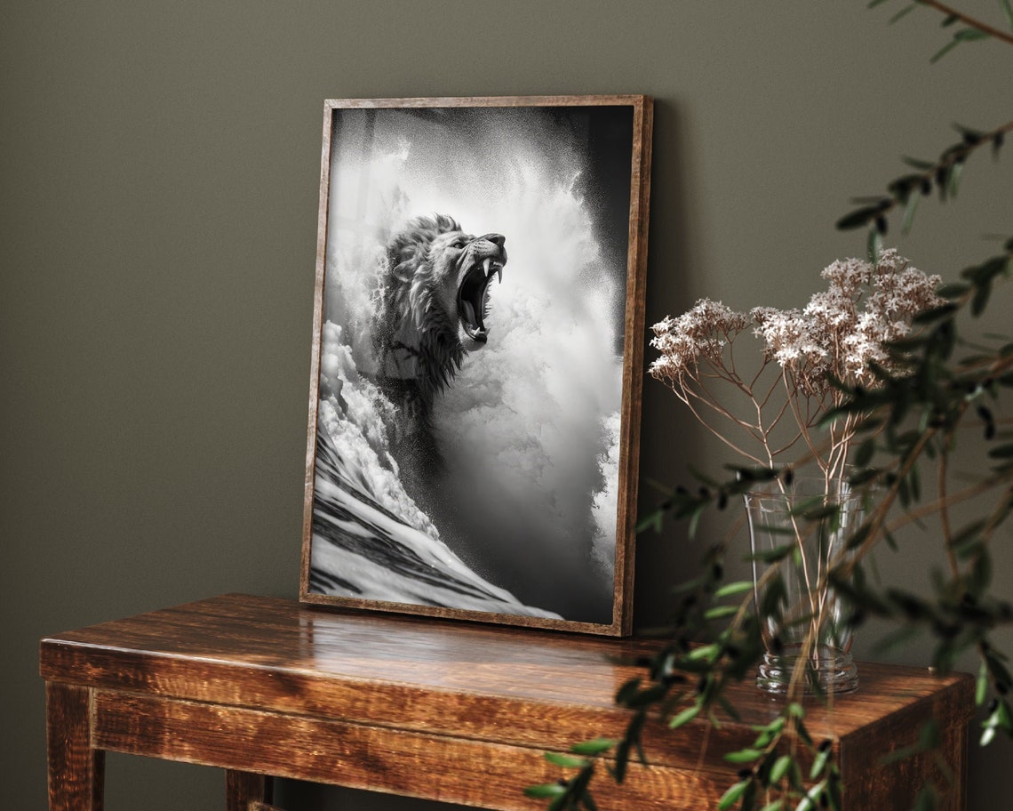 Roaring Lion Riding an Ocean Wave in Black and White Photo Poster