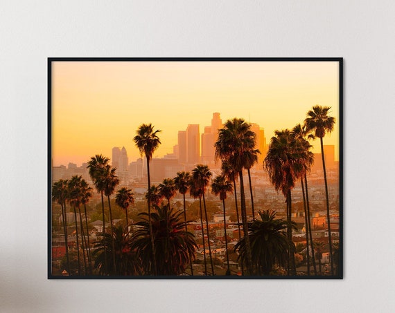 Los Angeles Sunset Downtown Skyline Travel Poster