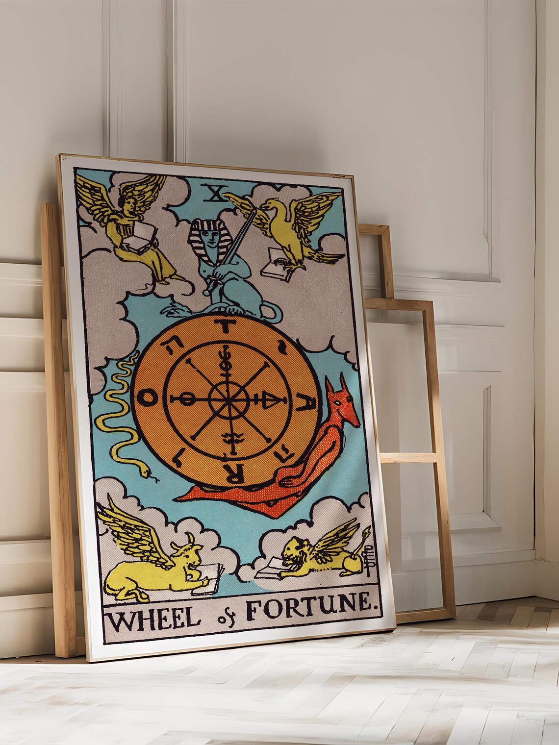 Wheel of Fortune Rider Waite Tarot Card Vintage Mystical Occult Art Poster
