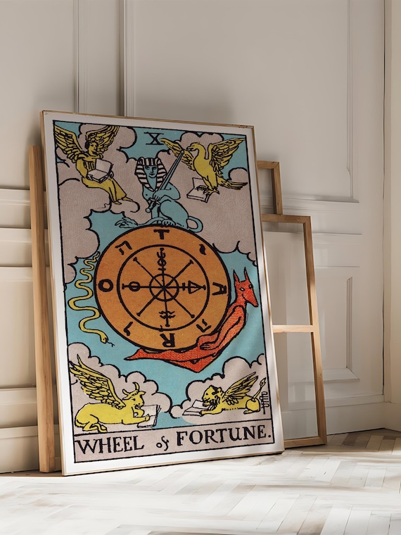 Wheel of Fortune Rider Waite Tarot Card Vintage Mystical Occult Art Poster
