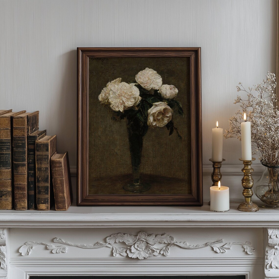 White Roses Still Life Vintage Oil Painting Victorian Wall Art