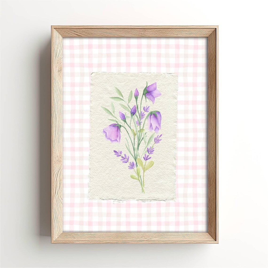 Purple Harebell Lavender Watercolor Pink Gingham Botanical Wall Print